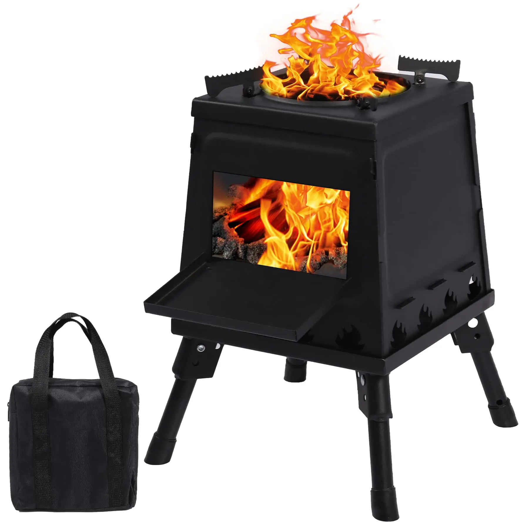Wood Burning Camp Stove, Portable Cast Iron Camping Wood Stove, Black Woodstove with Carrying Case for Backpacking Outdoor Cooking