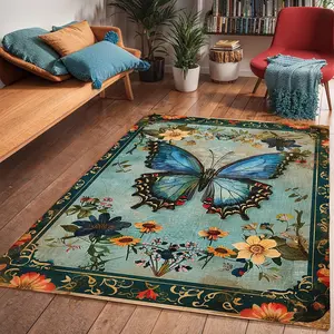 Butterfly & Flower Pattern Rug, Floral Insect Rug, Butterfly Area Rug, 1 Count Non-slip Soft Floor Mat, Decorative Carpet for Home Living Room Bedroom