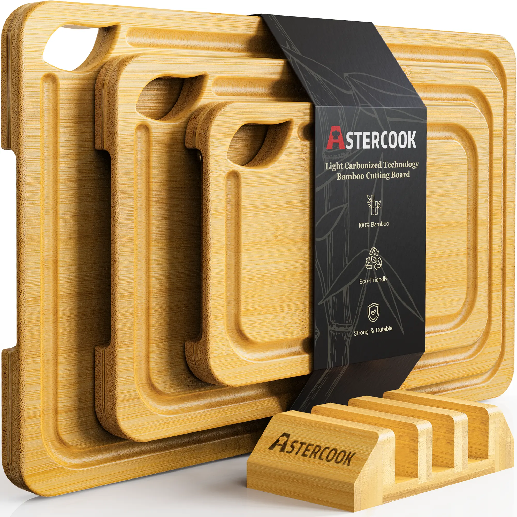 Astercook 4-Piece Carbonized Bamboo Cutting Board Set with Holder, 3 Sizes Wooden Chopping Boards with Juice Grooves and Handles for Meat, Vegetables, Fruits and Charcuterie Kitchen Knives