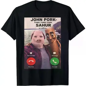 John Pork Tung Sahur Calling Brainrot Meme Cotton T-Shirt - Funny Gift for Men and Women Gooner Eat Sleep Goon Repeat Grunge Graphic Album Retro Deftones Tour Vintage Ghost Face Horror