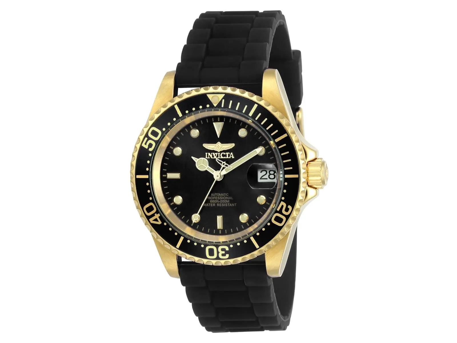 Invicta Men's Pro Diver Gold-Accented Gear-Driven Non-Battery Illuminated Fashion Mechanical Watch - Model 23681, Automatic 3-Hand Black Dial, UPC 886678288144, Non-Battery Mechanical Watches, Gear-Driven Mechanical Watches