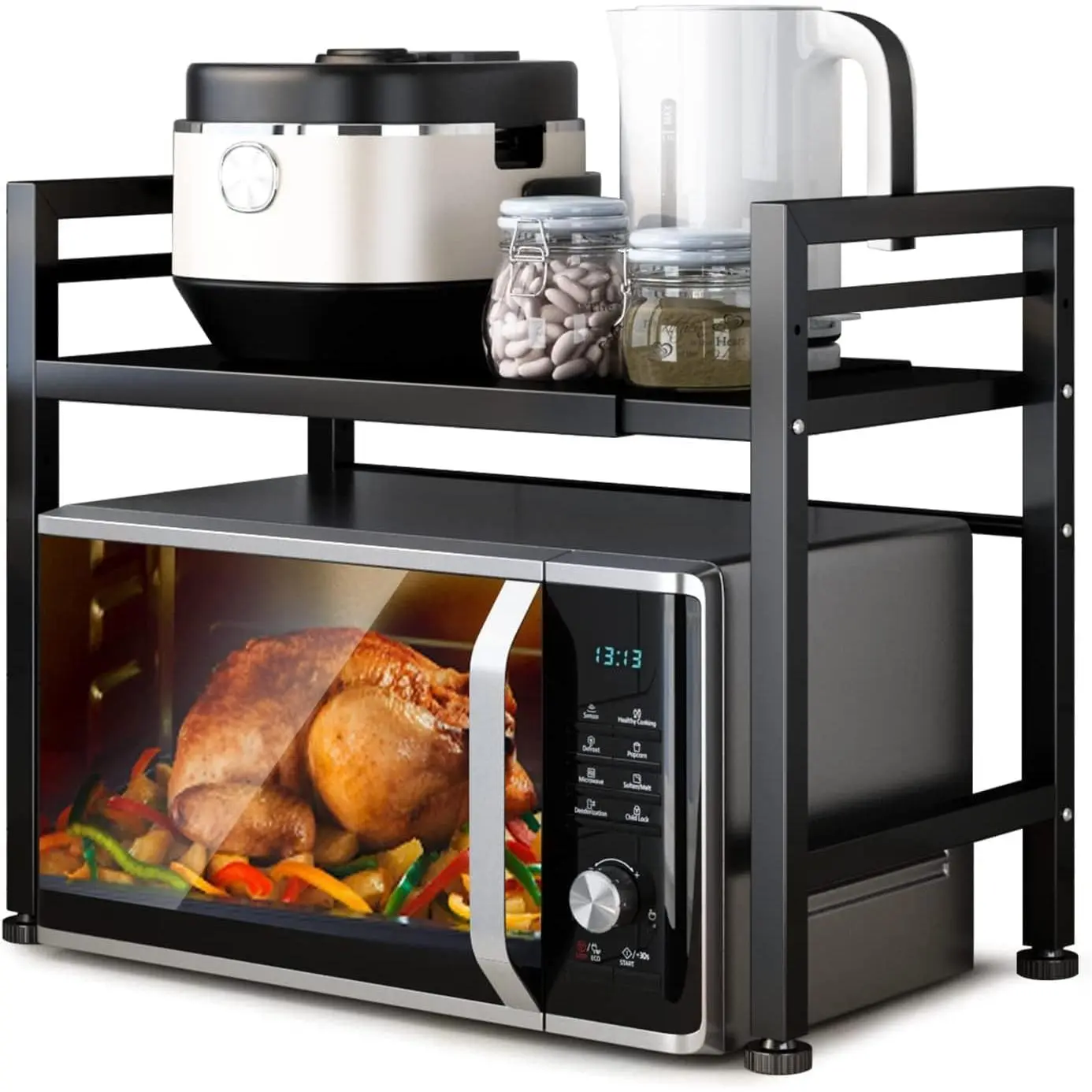 Carbon Steel Expandable Microwave Oven Rack - Microwave Stand with 3 Hooks for Countertop Kitchen Utensils and Tableware Storage