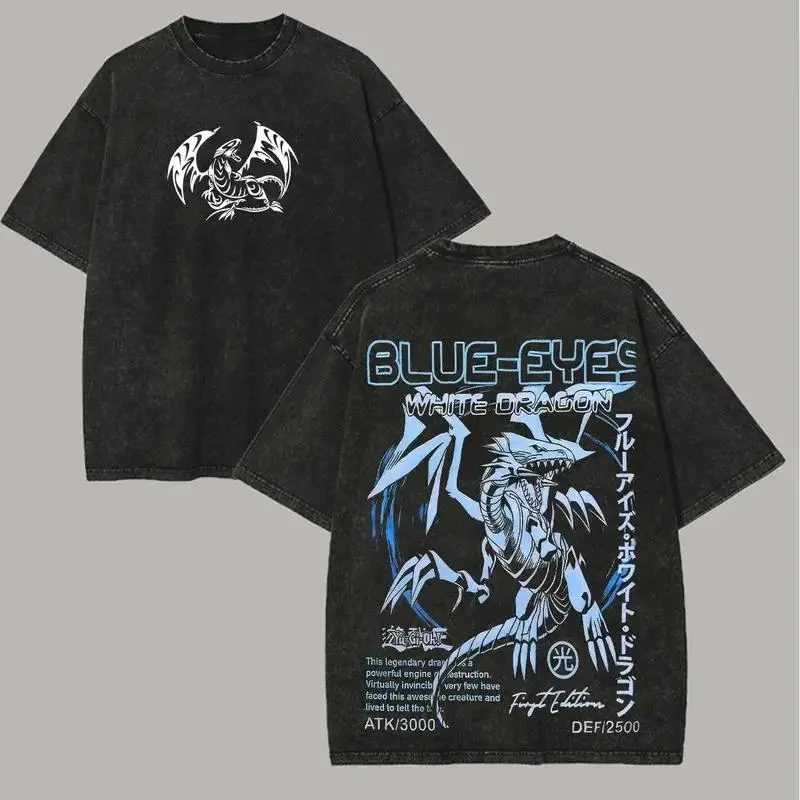 Retro Snow Washed Yu-Gi-Oh! Blue-Eyes White Dragon Manga Graphic Oversized T-Shirt,Premium Heavyweight Cotton Casual Streetwear Short Sleeve Tee,Y2K Aesthetic Soft Breathable Unisex Apparel,Trendy Daily Wear For Card Game Anime Enthusiasts