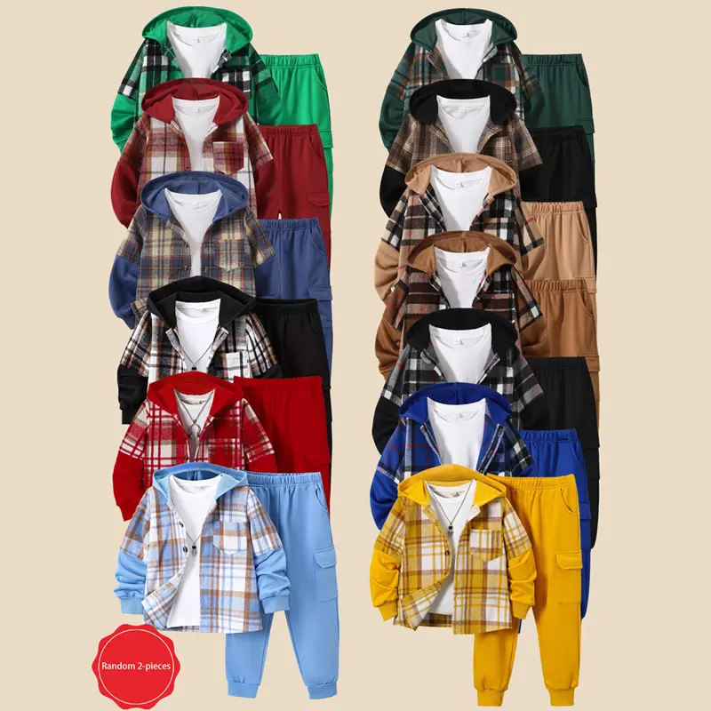 #falloutfits  Randomly Selected Boys' 2 Random Sets: Comfortable Checkered Long-Sleeve Hoodie + Pants, Perfect for Fall/Winter and Back-to-School, Suitable for Boys Ages 4–12. Items are shipped at random—please do not purchase if this is a concern.