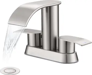 Waterfall Bathroom Sink Faucet Brushed Nickel, Two Handles Bathroom Faucet with Metal Pop up Sink Drain Stopper, Two Or 3 Holes Bathroom Basin Lavatory Mixer Tap with Deck Mount Plate