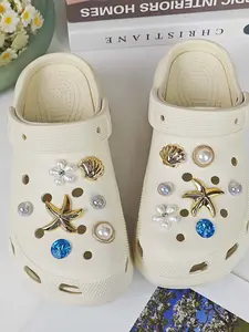 14pcs Shoe Decoration DIY Charms, Shiny Fashion Shell Star Coconut Tree, Colorful Geometric Slippers Decorations, Eva Beach Shoes Accessories, Shoe Charms Set