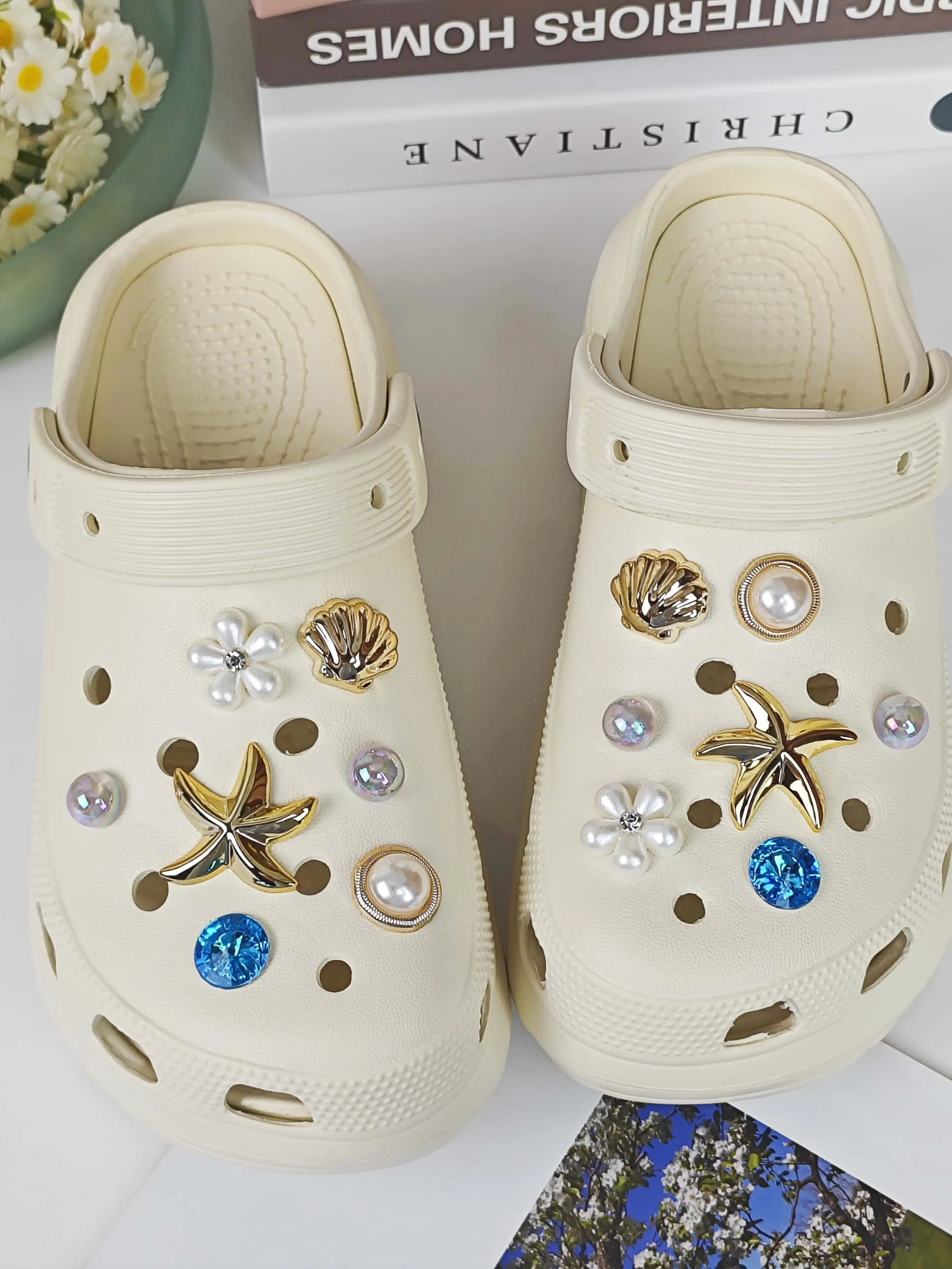 14pcs Shoe Decoration DIY Charms, Shiny Fashion Shell Star Coconut Tree, Colorful Geometric Slippers Decorations, Cute Shoe Decorations, Decorative Shoe Accessories, Eva Beach Shoes Accessories, Shoe Charms Set