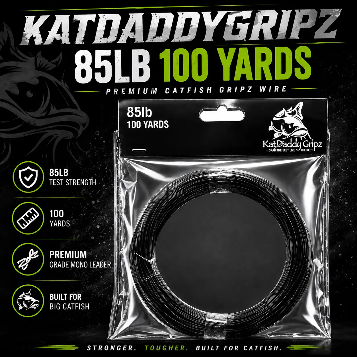 KatDaddyGripz Mono Leader Line 85lb (black) 100 yards