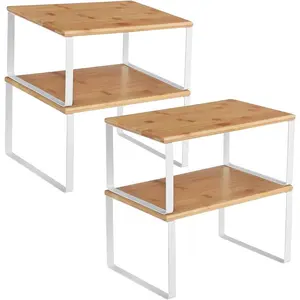 Cabinet Organizer Shelf Set of 4 Kitchen Counter Shelves Stackable Expandable Metal and Engineered Wood Cloud White Natural Beige UKCS010N01 Flexible Storage Solutions