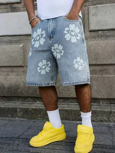 Men’s and women’s versions of small flower print denim shorts | American-style high-street loose-fitting distressed five-pocket pants | TikTok’s top-selling denim shorts for street fashion, skateboarding outings, Y2K style, daily commutes, music festivals