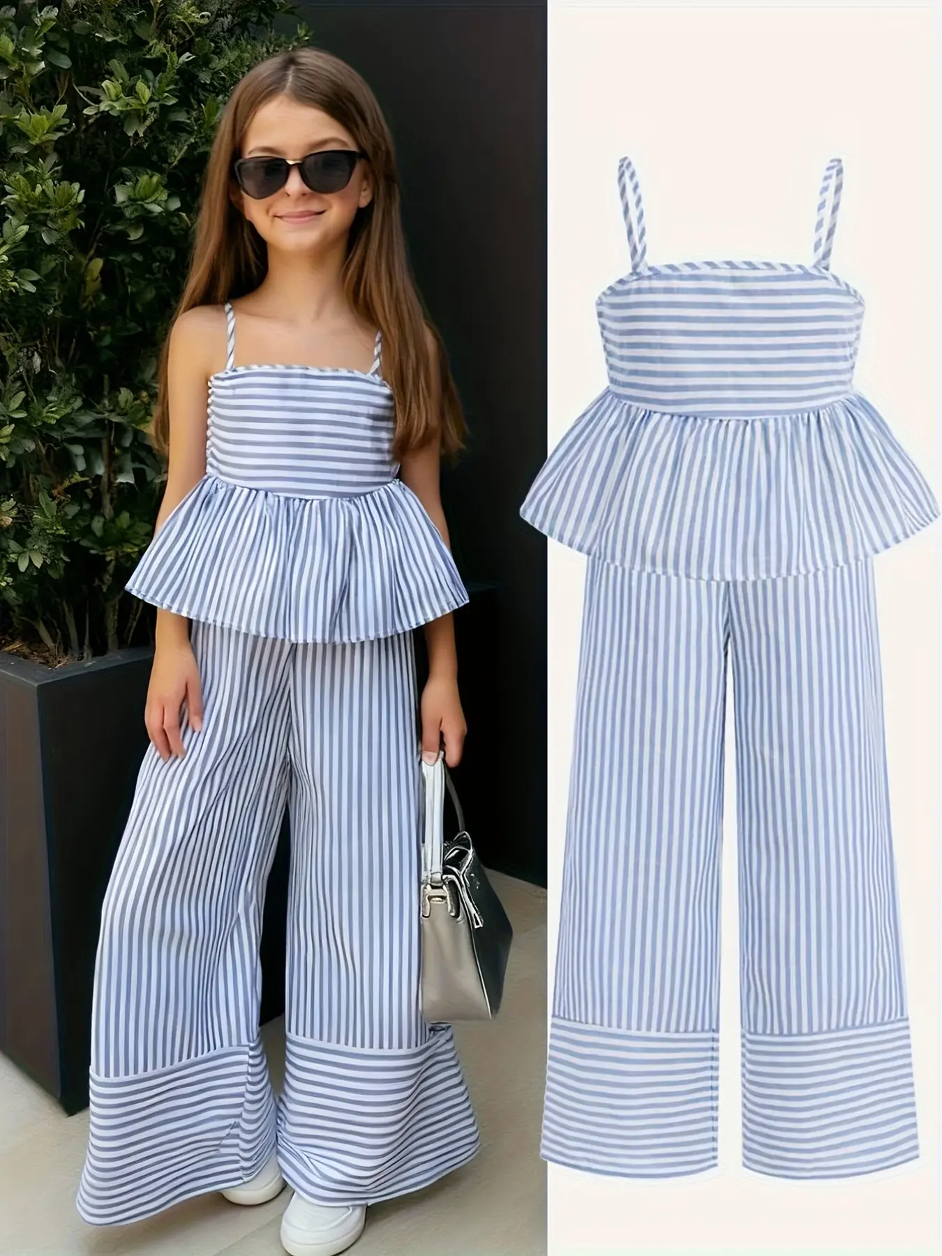 Teen Girl Summer Clothing Set, Summer Clothes Set, Blue Striped Tank Top and Wide Leg Pants, Casual Summer, Outdoor Wear, Ages 3+, Summer Outfits Set