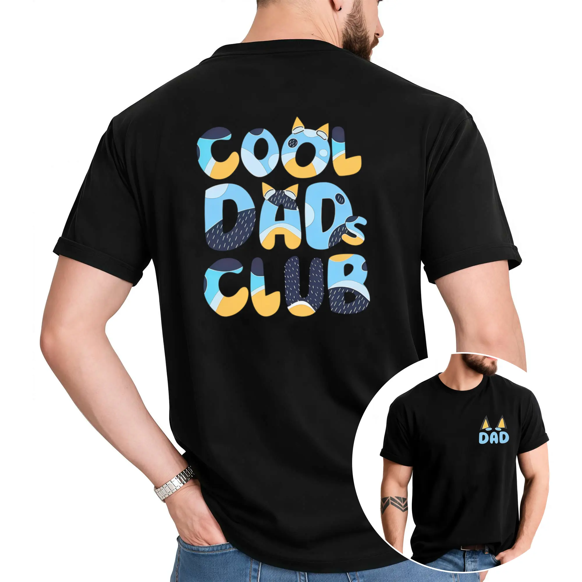 Bluey Cool Dads Club Double-Sided Tee Funny Dad Gift Cartoon T-Shirt For Men Top Casual Shortsleeve Streetwear CrewneckGift, All Seasons