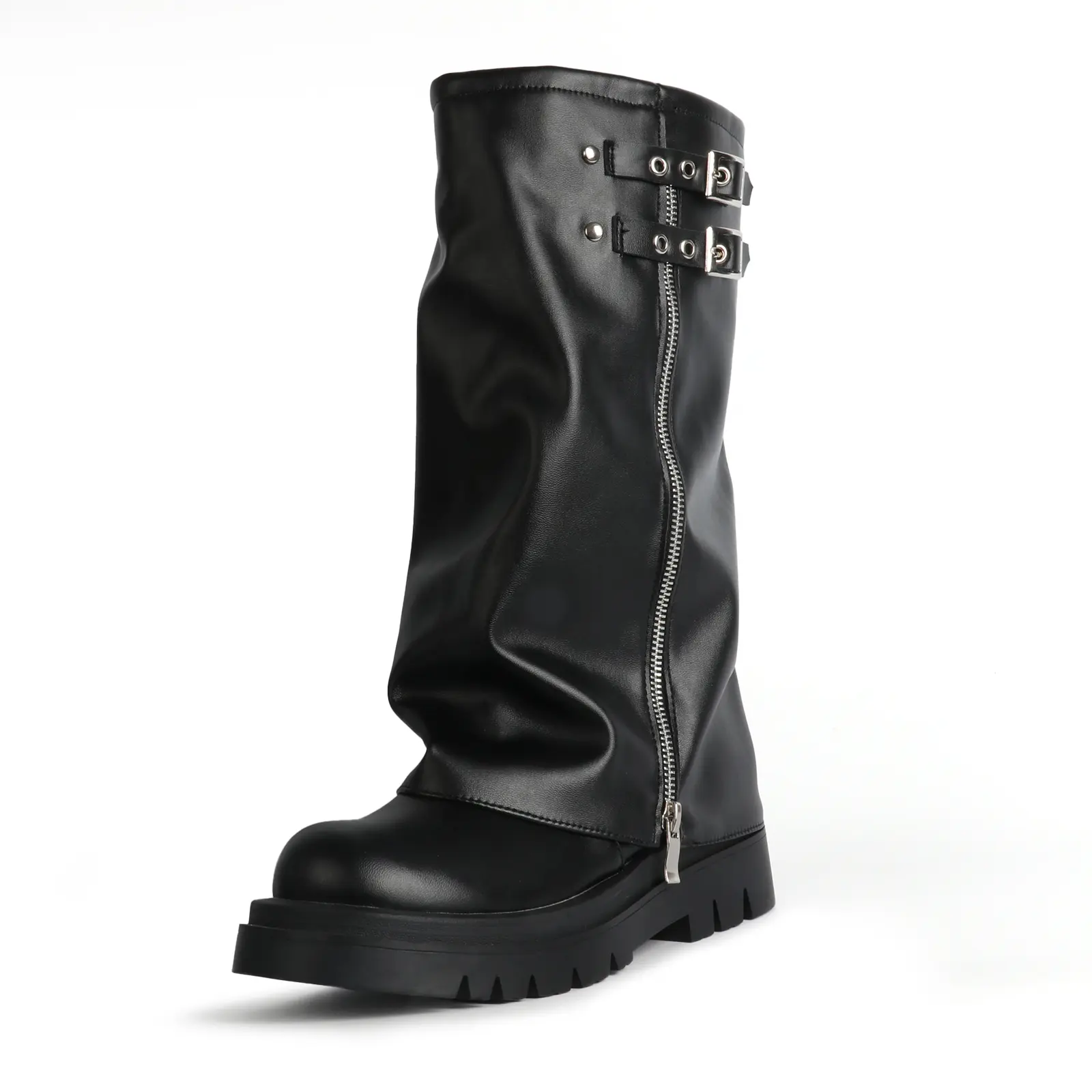 Women's Faux Leather Combat Boots, Stylish Mid-Calf Motorcycle Footwear with Buckles, Chunky Platform Heel and Wide Calf Fit, Shoe, Rubber, Punk Style