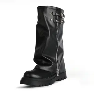 Motorcycle Combat Boots Round ToeChunky Block Heel Metallic Buckle Pull on GiftVintage Riding Boots Fashion Dress Shoes