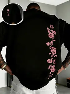 Men's Japanese Sakura Harajuku Street Style Print Short Sleeve T-Shirt, Casual Fitted Long Tee, Geometric Pattern, All Seasons