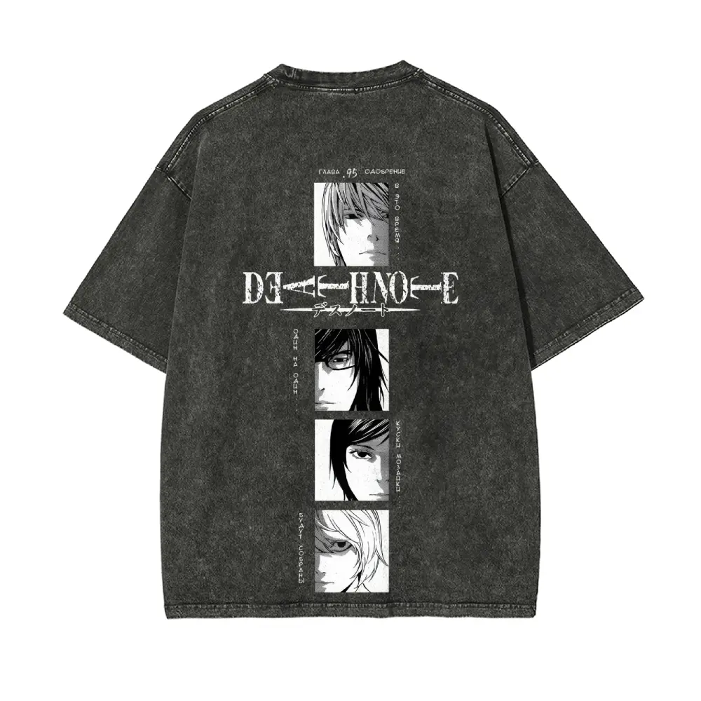 Menswear Death Note Vintage Washed Short-Sleeve Round Neck Fashion T-Shirt - Retro Grunge Streetwear, Soft 100% Pure Cotton, Unisex Casual Graphic, Eco-Friendly Hot Stamping Printing, Couple Gift