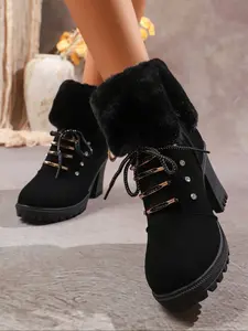 Winter New High Heel Short Boots, Plush Collar Lace-Up Decorative Warm Women's Boots, Stylish Footwear for Cold Weather, Fluffy Snow Boots