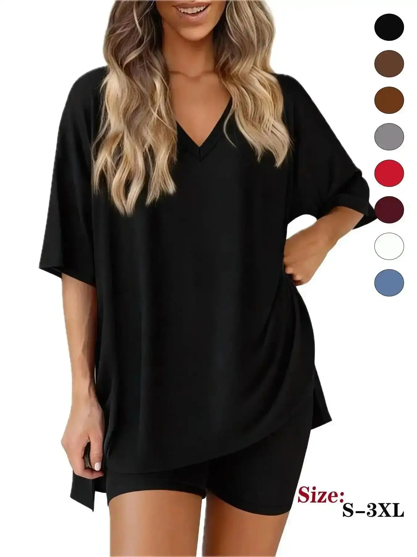 2026 Spring Summer Women's V Neck Loungewear Set Matching Biker Shorts Oversized Shirt Clothing, Hot Selling Fashion Casual Outfits, Versatile, Wardrobe Staple, Poolside, Everyday Chic, Girls Night, Work Appropriate