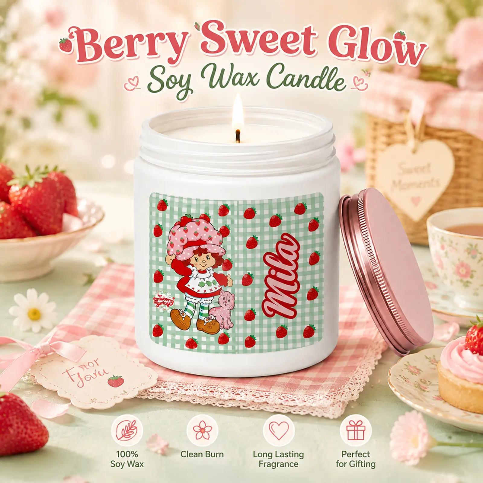 1Pc Handmade Scented Soy Wax Strawberry Candle - Custom Name, Retro Girl Plaid Print, 50-Hour Burn, Cute Gift for Girls, Bedroom Home Decor Fragrance for Birthday Christmas
