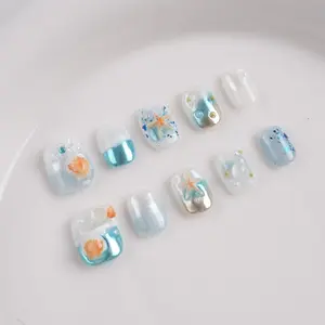 Summer Blue Beach Nails - Short Round: 3d Starfish & Shell Accents, Mermaid Shimmer, Ocean Wave