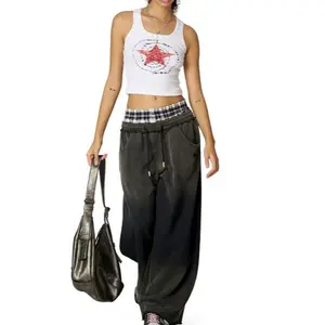 Double Waist Washed Baggy Sweatpants Loose Wide Leg Plaid Patchwork Casual Pants with Pockets