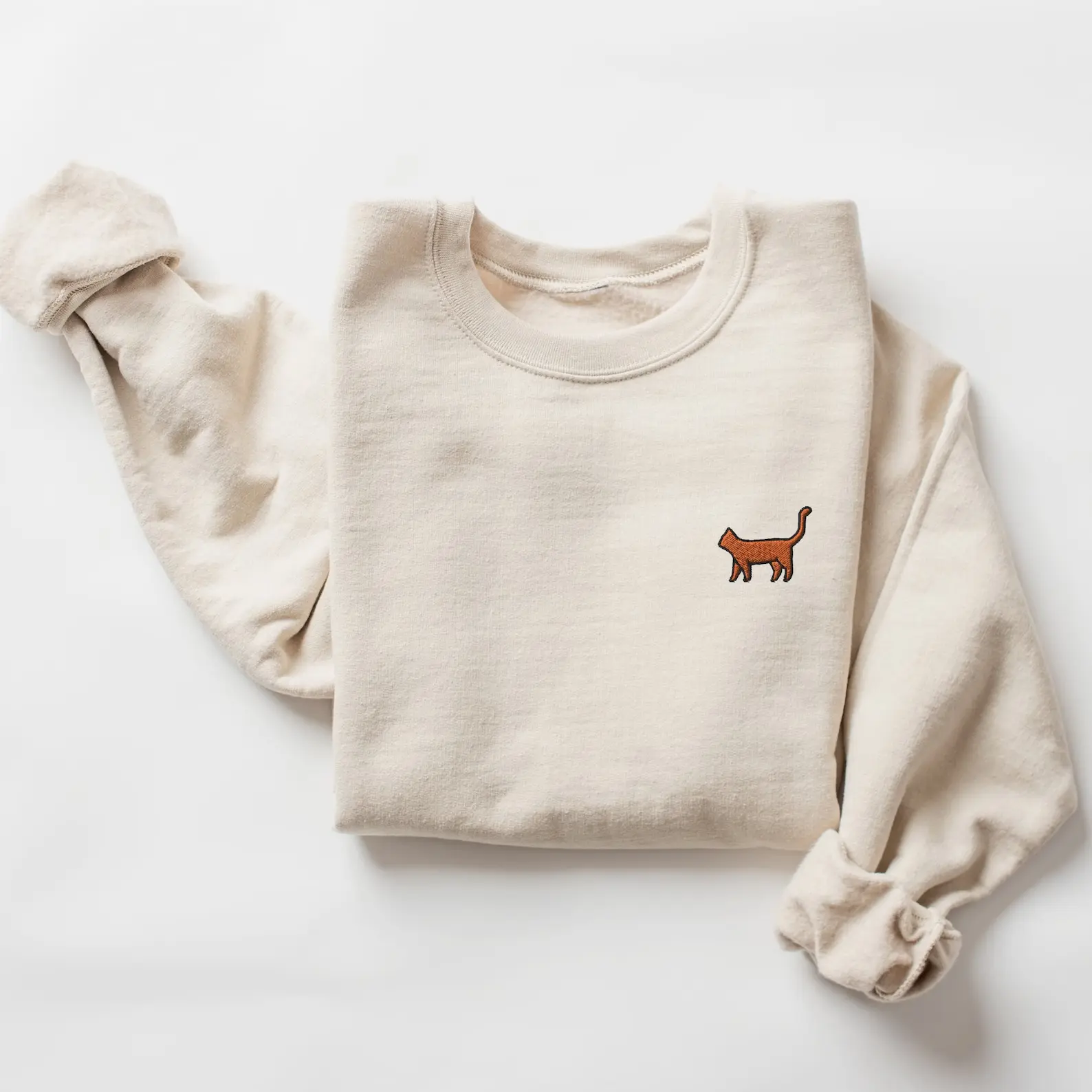 Orange Cat Sweatshirt, Orange Tabby Cat Sweater, Premium Embroidered Crewneck, Handmade Long Sleeve Unisex Sweater - Multiple Colors Classic Collar