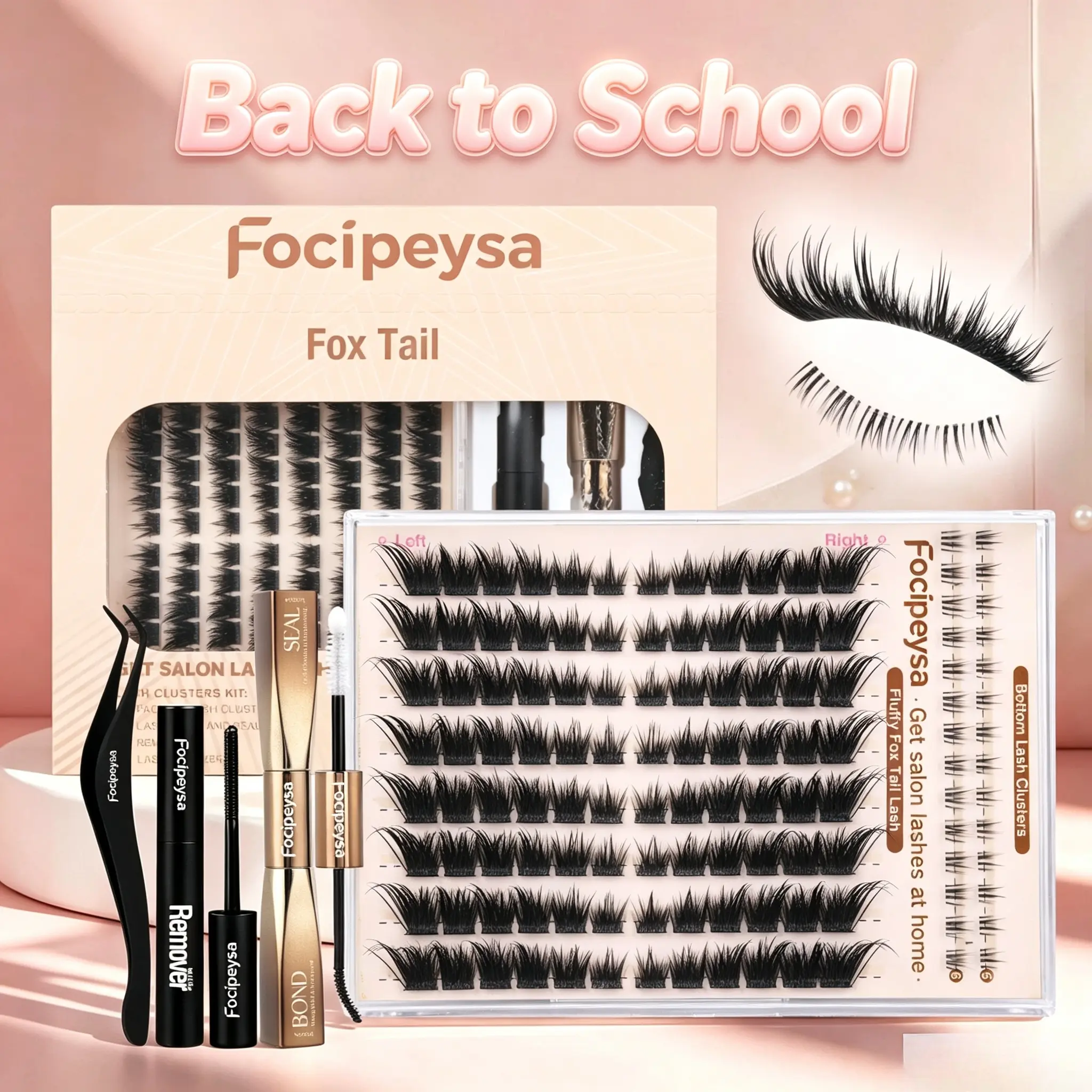 Focipeysa Fluffy FoxTail Lash Clusters | LC Curl Fox Eye Lash Clusters | Natural, Wispy, Ultra-Dense | Beginner-friendly,  Get Flawless Salon Extensions at Home| Lash Kit with Bond and Seal, Complements All Makeup Looks