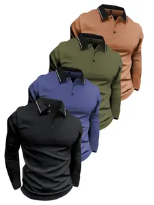 4 Pack Men's Spring & Fall Long Sleeve Polo Shirt T-Shirts Fashion Retro Casual Sports Outdoor Mens Lightweight Top Bundle, Perfect Gift for Husband or Boyfriend, Suitable for Street Style, Commuting, Outdoors, Vacation Wear