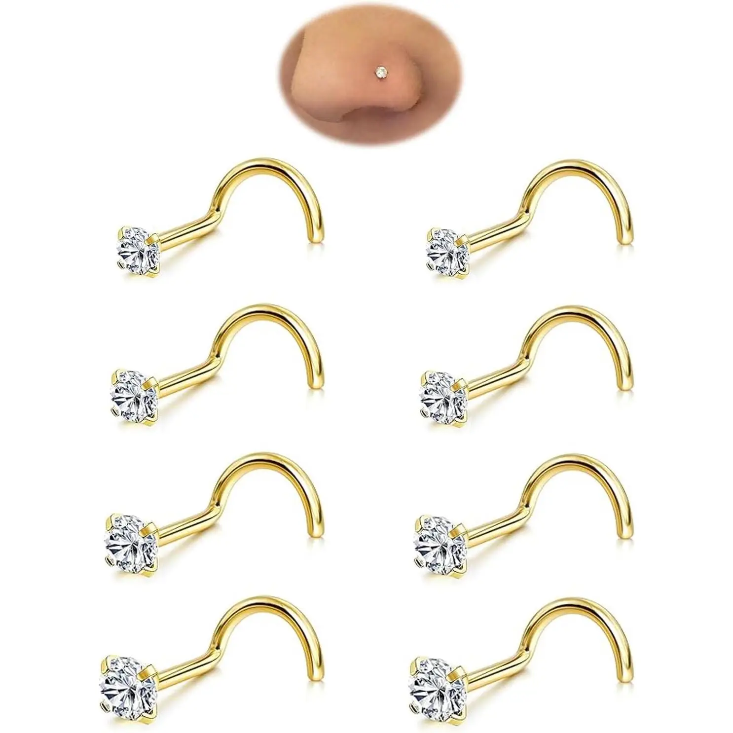 8PCS 18G 20G 22G Nose Rings Studs, Hypoallergenic Corkscrew Nose Stud Set