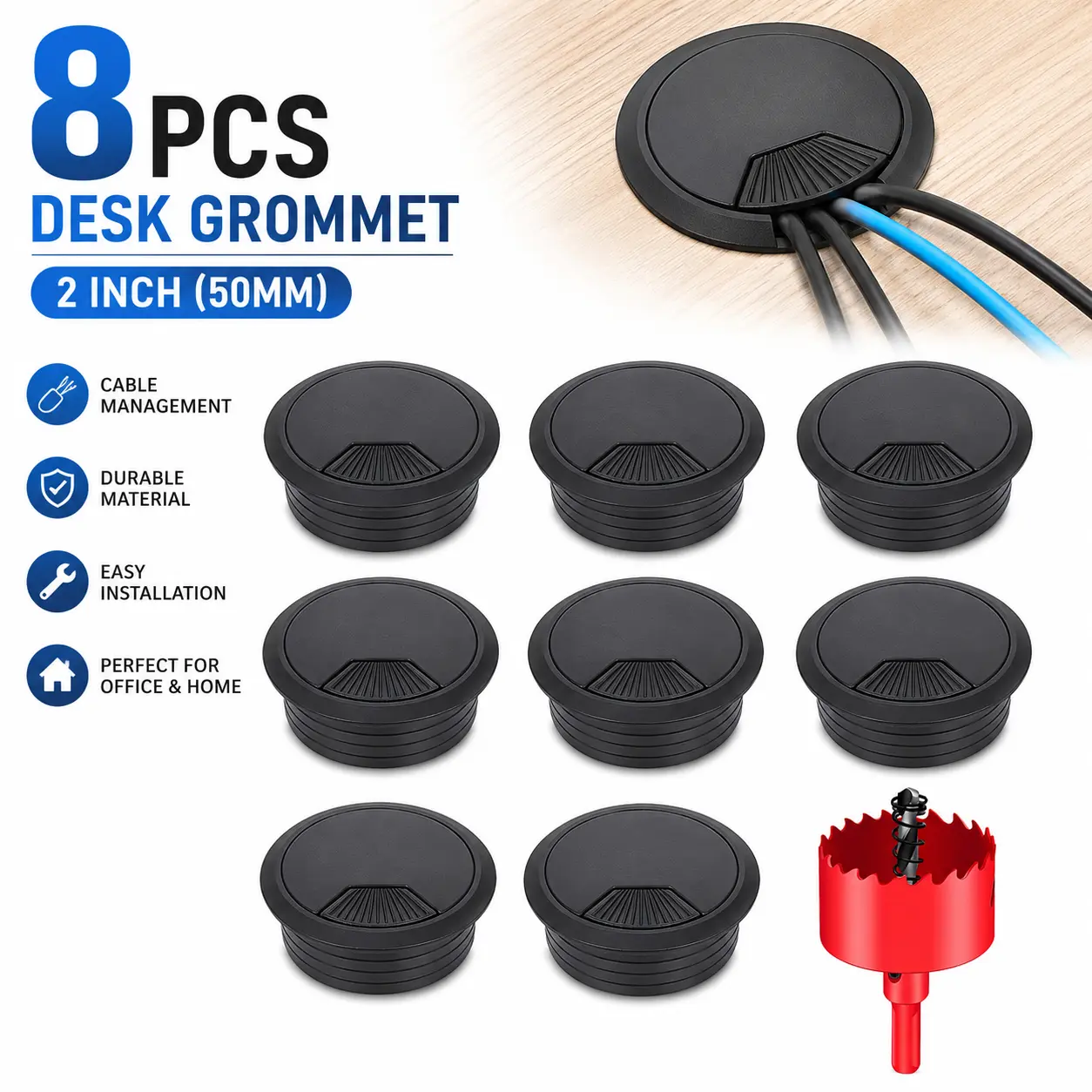 8PCS Desk Grommet 2 Inch, Desk Hole Cover 2 Inch (50 mm) Black with Hole Saw, Cable Pass Through, Ideal Solution for Office and Home Table Cable (Black, 2 Inch_50 mm)