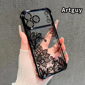 Lace Reverie Pattern Four Corner Anti-Fall Phone Case Transparent Electroplated Protective Cover for iPhone 17 Pro Max Air 16 15 Plus 14 13 12 11 E