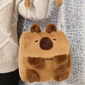 Cute Capybara Plush Backpack Girls Soft Fluffy Brown and White Shoulder Bag with Adjustable Straps Zip Closure Perfect Casual Outings
