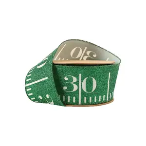2 1/2" Wired Ribbon | Green Glitter Football Yardage | 10 Yard Roll