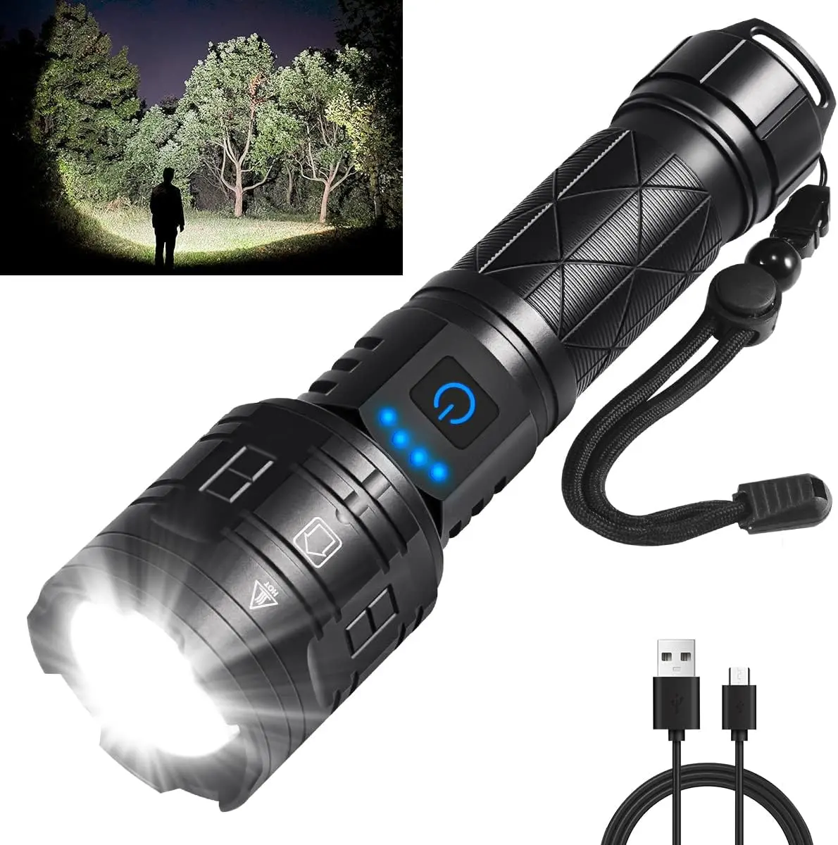 Rechargeable Flashlights High Lumens, Powerful Tactical Flashlights, 5 Modes LED Flashlight Adjustable, Brightest Flashlight Waterproof, Handheld Flash Light for Emergencies, Home, Camping, Hiking