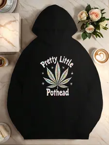 Women’s “Pretty Little Pothead” PSYCH3DELIC LEAF GRAPHIC HOODIE – HIPPIE STYLE HOODIE, sizes S~3XL, great for psych3delic art lovers, daily wear, soft fabric Casual Black
