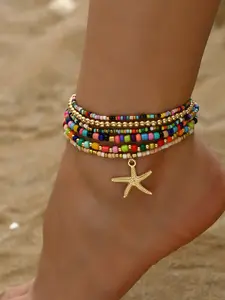 Summer Beach Multi-Layer Beaded Anklet, Starfish Pendant, Stackable Foot Jewelry, Fashionable Summer Accessory, Party Wear