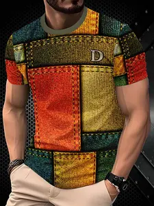 Men's Colorblock Geometric Print Short Sleeve T-Shirt, Menswear, Fashion Casual Fitted Top, Summer New Style, Versatile Leisure Wear