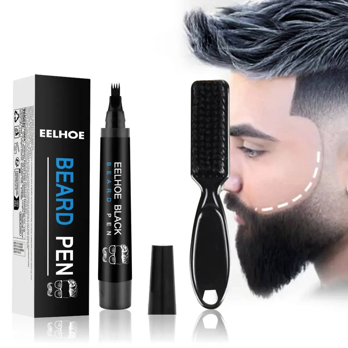 Beard Filler Pen Kit with Brush, Waterproof Sweat-Proof & Smudge-Proof, for Fuller-Looking Thin Beard, Mustache & Eyebrows, Gift for Men, Castor Oil & Carnauba Wax, 1 Pen + 1 Brush, Easy to Apply & Blend