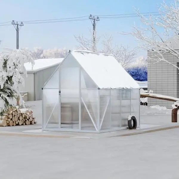Silver Outdoor Walk-in Polycarbonate Greenhouse with Aluminum Frame, Roof Vent, Lockable Push Door, and Ground Nails for Garden, Backyard, Lockable Door