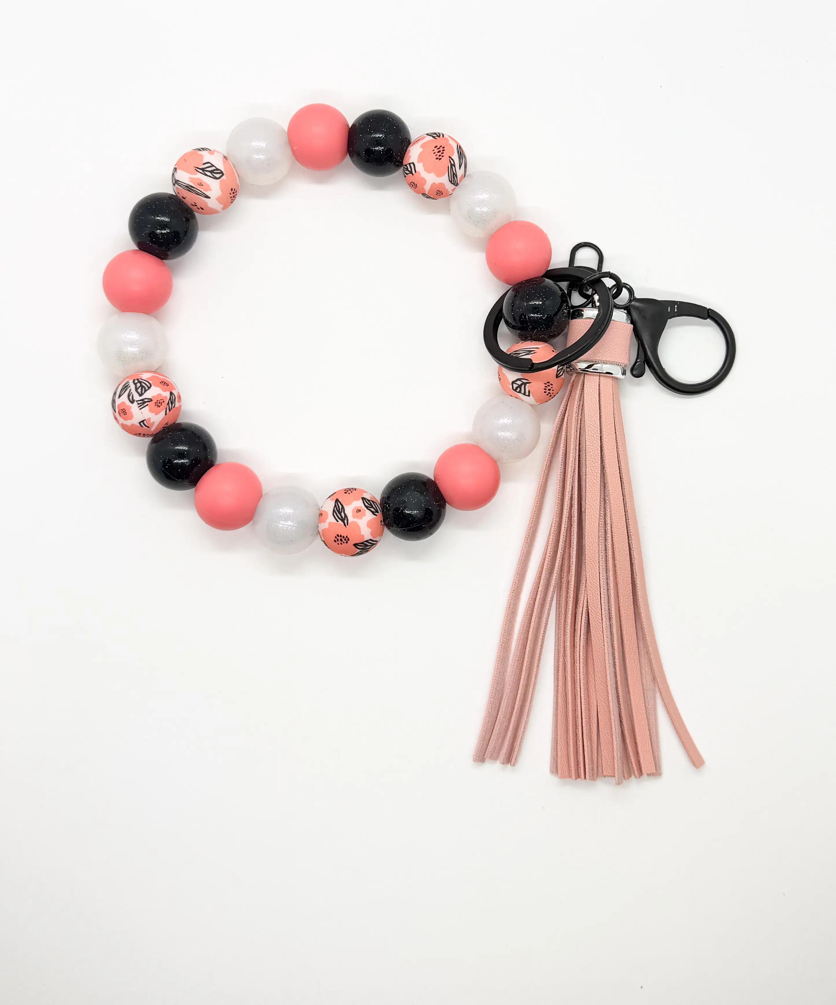 Bloom and Blush Wristlet | Floral Beaded Key Ring with Pink Faux Suede Tassel | Cute Boho Wristlet