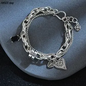 925 Sterling Silver Bracelet for Women & Men, Vintage String Jewelry with Heart & Cross Shape Pendants, Trendy Party Accessories, Classic Daily Wear & Ideal Holiday Gift for Loved Ones