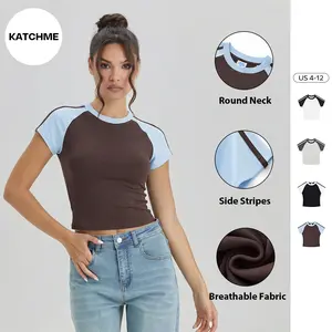 KatchMe Women's Chic Color-Matching Striped Round Neck Short Sleeve Top, Basic Skin-Friendly Breathable T-Shirt for Summer Daily, Lightweight Streetwear