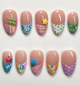 Y2K French Tip Polka Dot Press On Nails, Cute Colorful Pastel Nail Set with 3D Stars & Hearts