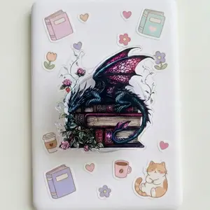 Dragon Sleeping on Books Phone Grip – Fantasy Bookish Accessory, Dark Floral Aesthetic Holder, Unique Gift for Book Lovers & Dragon Fans.