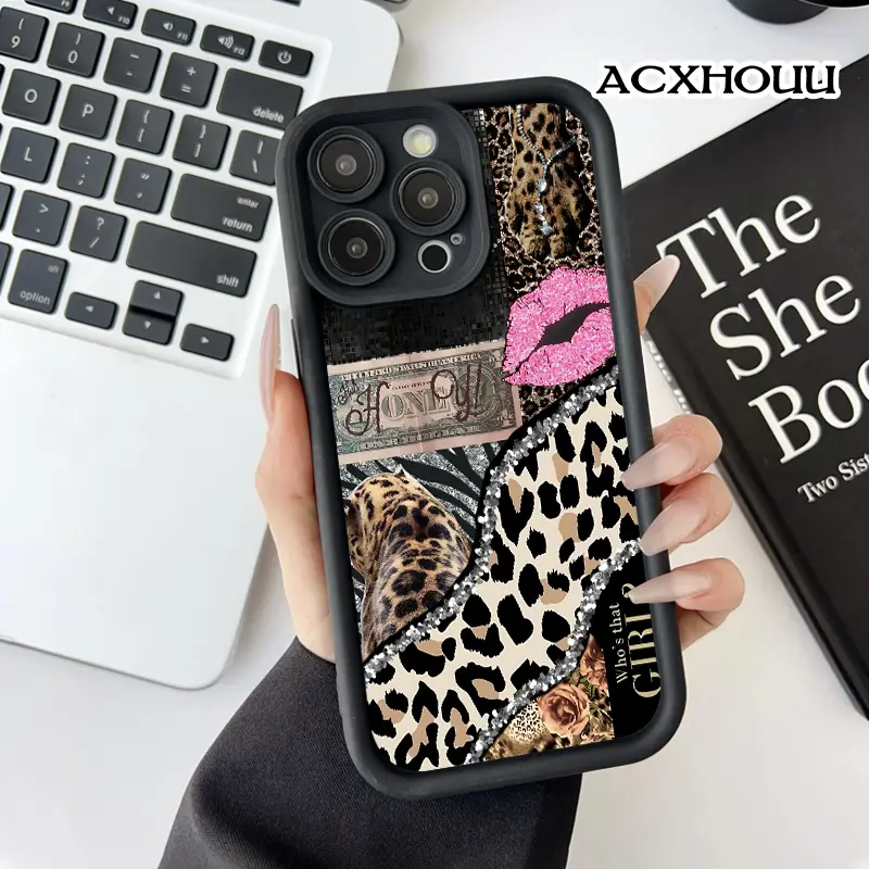 Glitzy Leopard Collage TPU Case for iPhone 17 16 E Pro Max 15 Plus 14 13 12 11 XS XR Straight Edge Drop-Resistant Rugged Protective Cover Shell