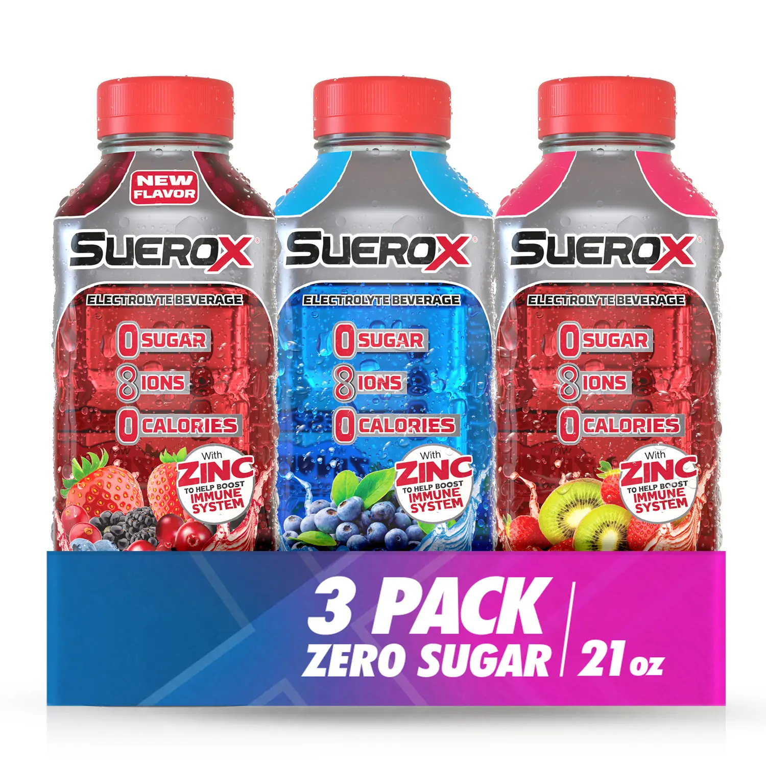 SueroX Sugar-Free Sports Drink for Hydration and Recovery, Electrolyte Hydration Drink with 8 Ions, Zero Calorie Sports Drinks with Electrolytes, Berries Lover Pack, 21.3 Fl Oz, 3 Pack