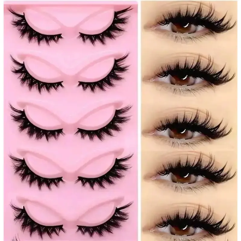 5pc Synthetic 3D Volume Faux Mink False Eyelash Set, Fluffy Thick Wispy, Gentle Soft Lightweight, Reusable for Natural Daily Eye Makeup Cosmetics, Plastic