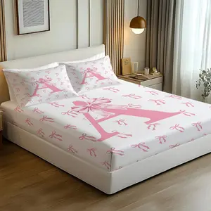 3PCS Coquette Pink Bow Monogram Letter A-Z Fitted Sheet Set, Preppy Girly Print Bed Sheet Set, No Fillers, Ideal For Teen Girls Bedroom, Dorm, Perfect Birthday And Back To School Gift,All Season