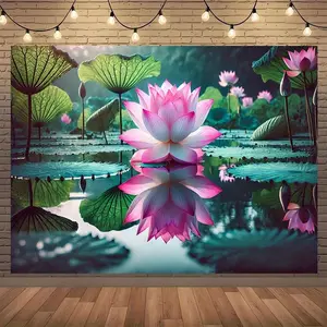 2D Flat 1PC Polyester Zen Pink Lotus Pond Reflection Backdrop Banner, Blooming Lotus Leaf Water Surface Natural Landscape Photography Background, Indoor Outdoor Use, Ideal For New Chinese Style Decoration, Ancient Style Portrait Photoshoot