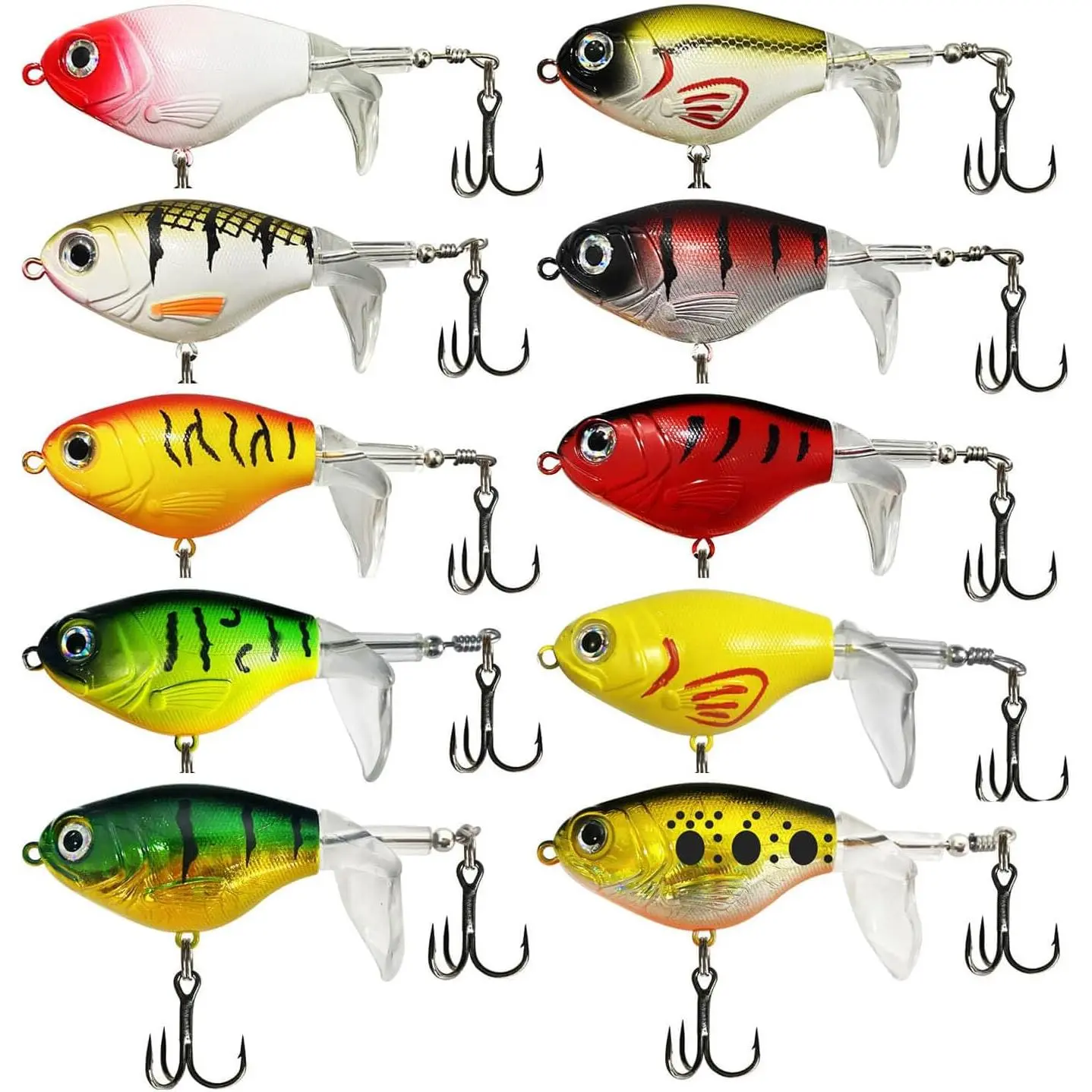 10Pcs Floating Popping Whopper Fishing Lures, Rotating Tail Bass Bait with Treble Hooks, Saltwater Freshwater Fishing Accessories fishhooks Fishing stuff￼bait lureID fishing bundle
